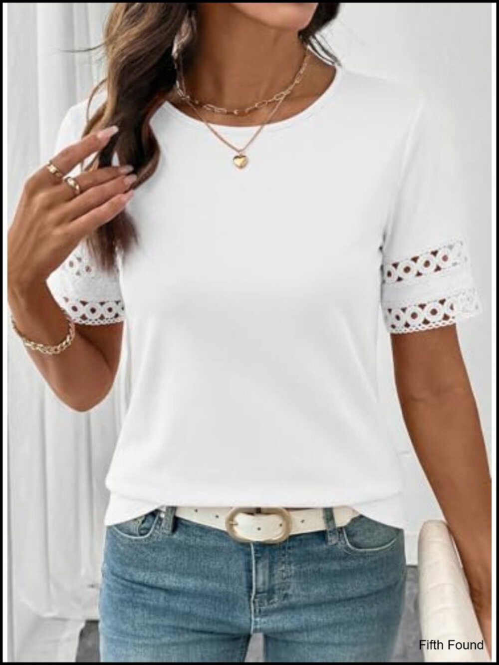 Lace Hollow Out Short Sleeve Crew Neck T-Shirt Blouse - Picture 3 of 6